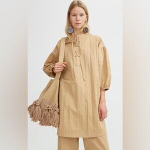New Rodebjer Sinim Crinkle Camel 100% Italian Cotton Mini Dress Size Small Fall
